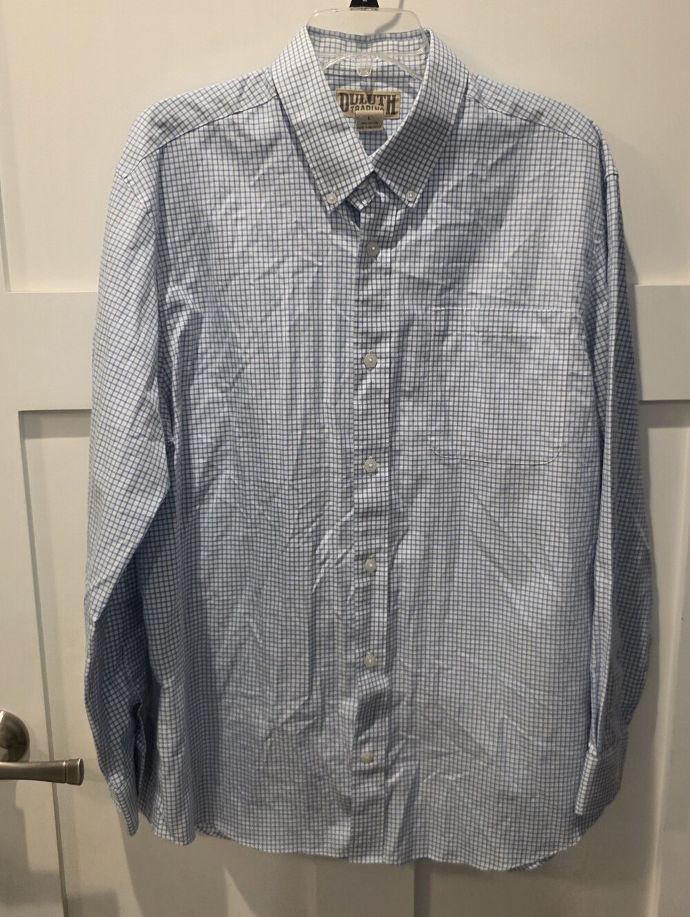 Duluth Trading Co Mens Button Down Long Sleeve Light Blue White Check Shirt L